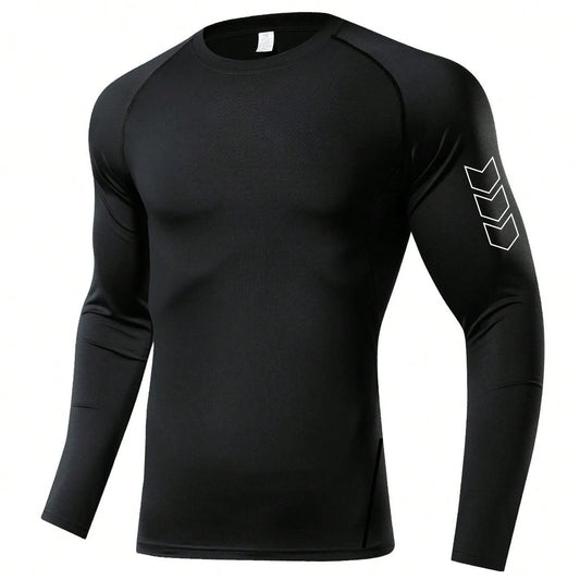 Men Black Long Sleeve Compression Quick Dry Fitness Top