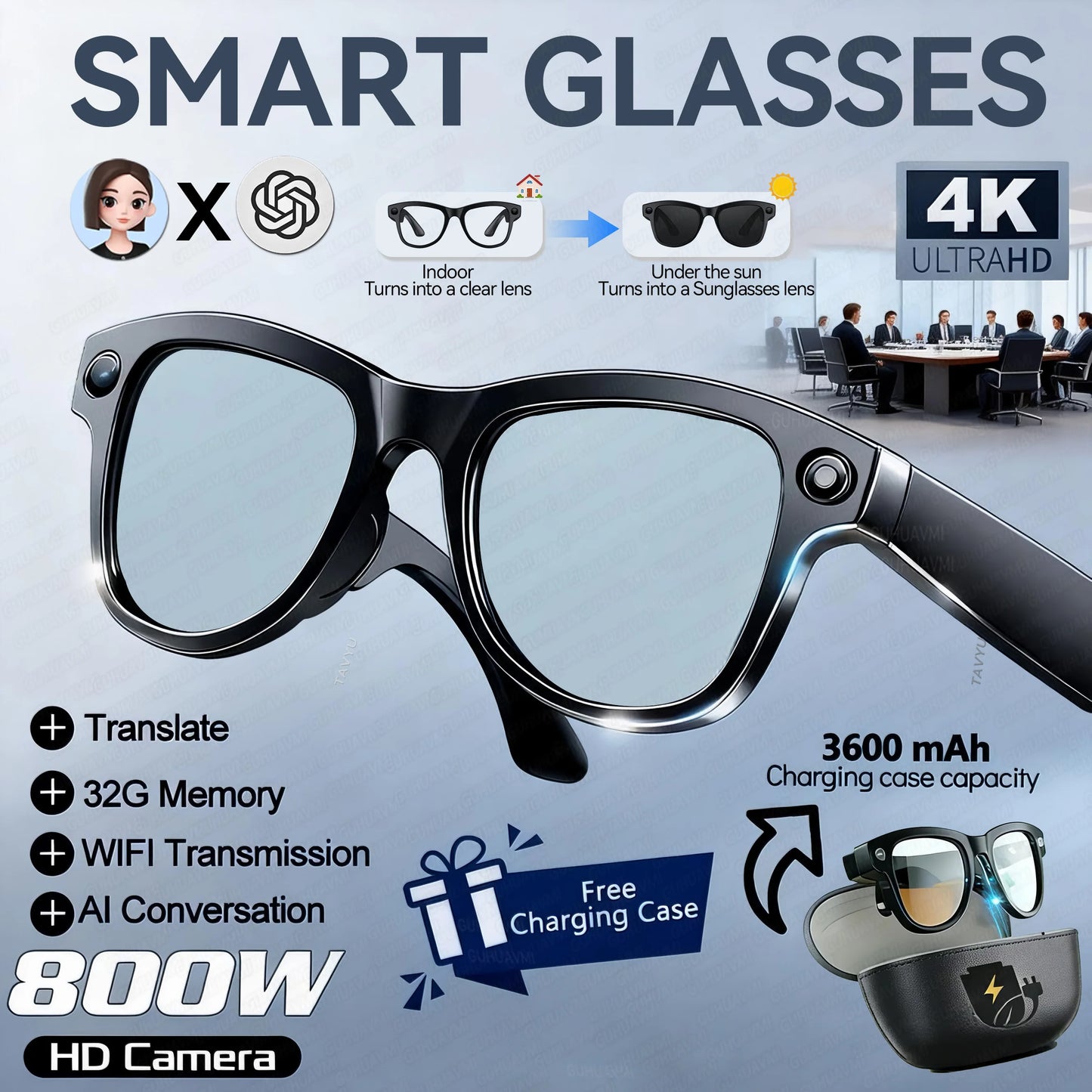 GUHUAVMI Smart AI Glasses 4K Dual Cameras Translation