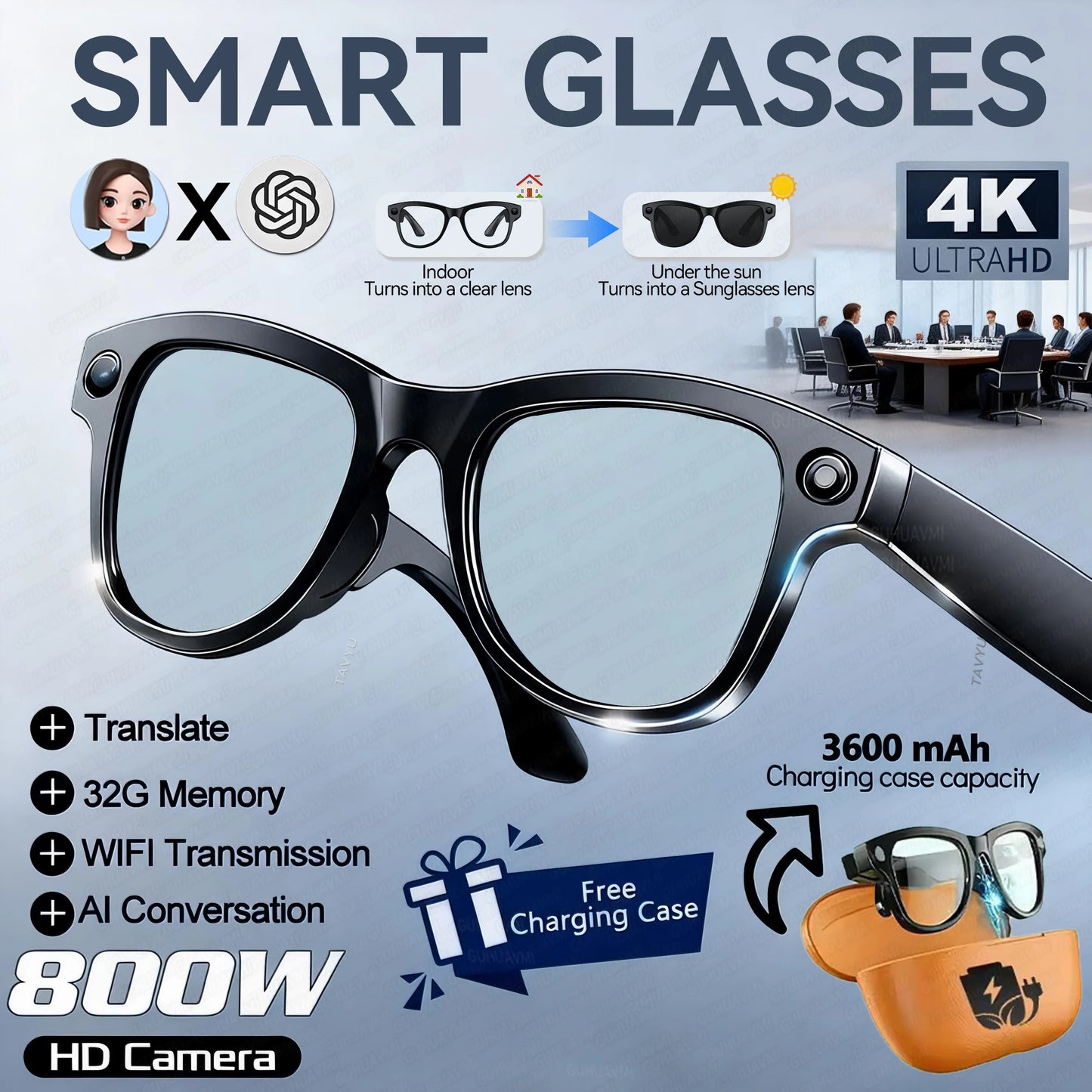 GUHUAVMI Smart AI Glasses 4K Dual Cameras Translation
