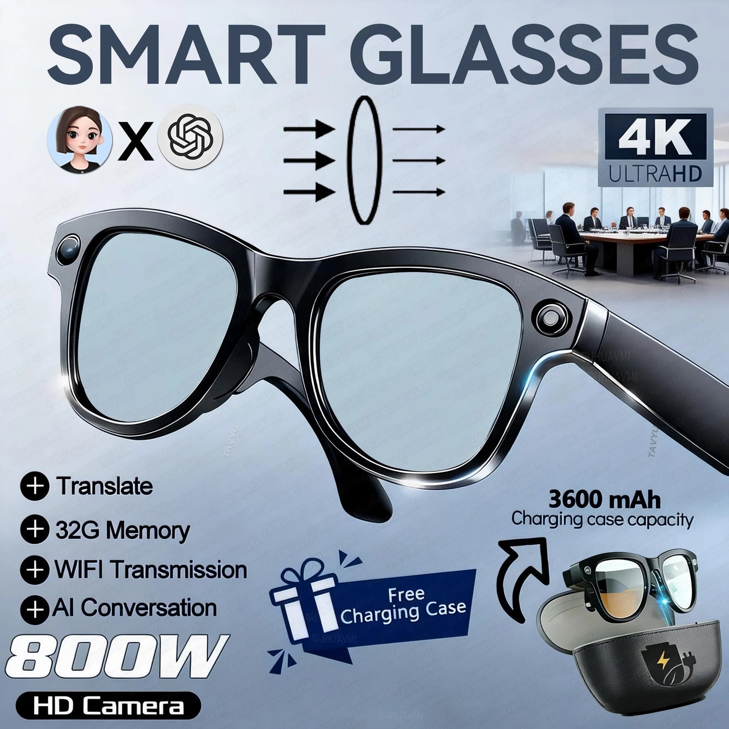 GUHUAVMI Smart AI Glasses 4K Dual Cameras Translation
