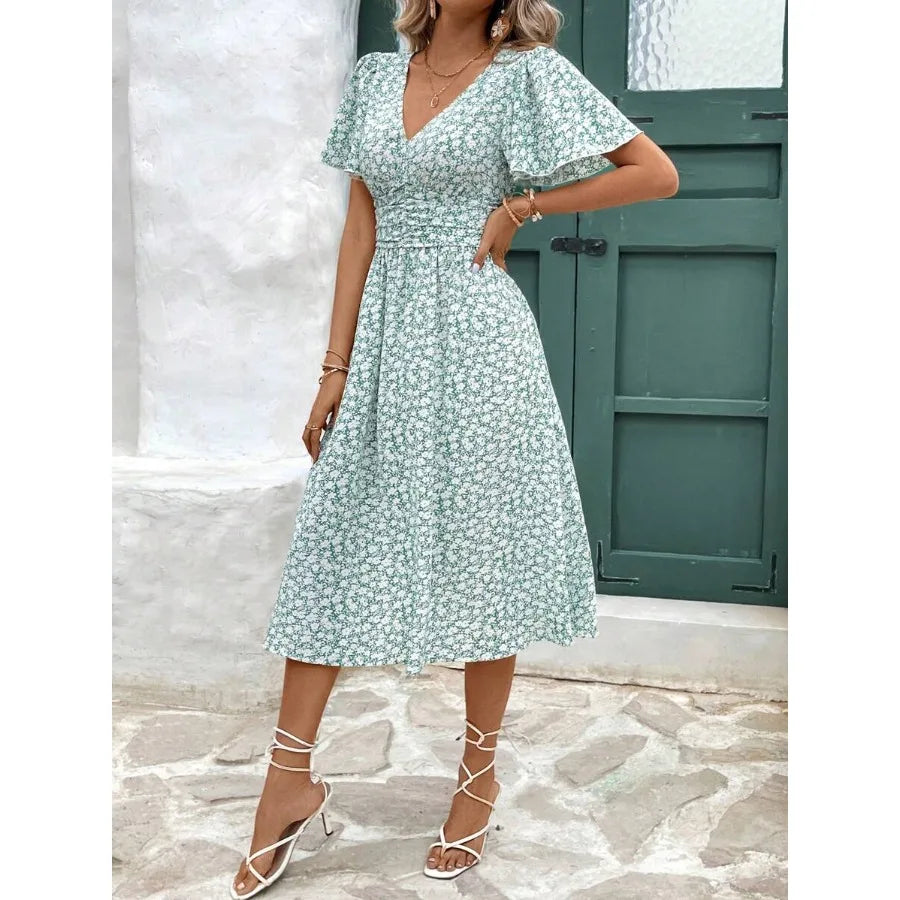Women's Summer Floral Print V-Neck Ruffle Short Sleeve Long Dress