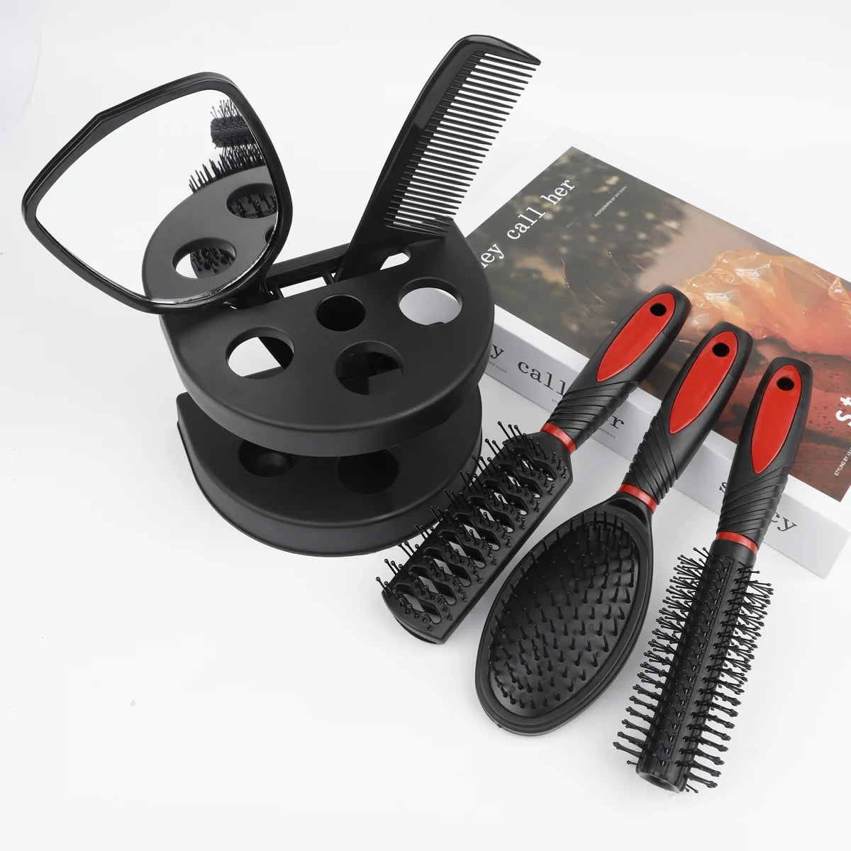 RANCAI 5 Pack Comb Set With Mirror Hair Brush Holder Air Cushion