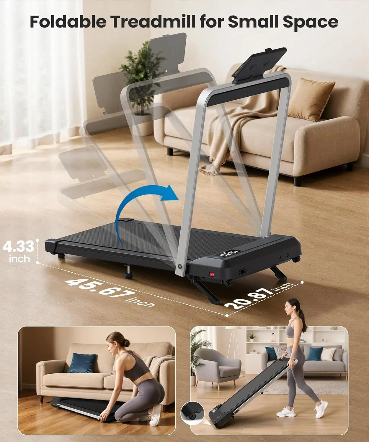 Compact Treadmill With Incline And Folding Space Saving Design