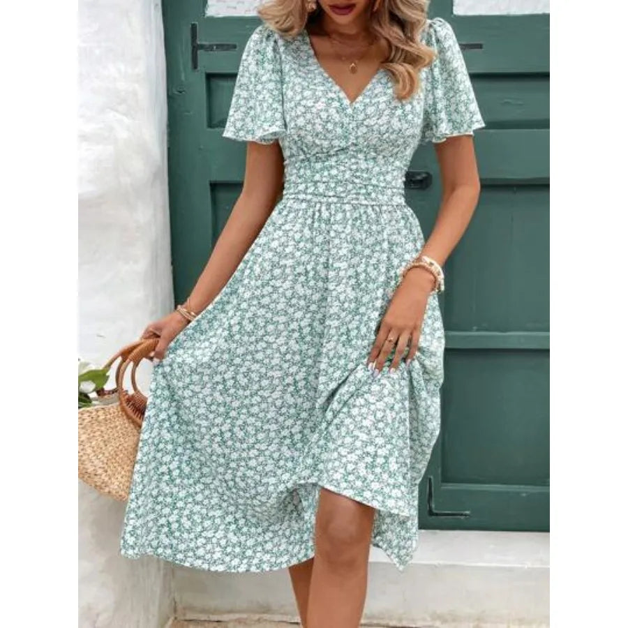 Women's Summer Floral Print V-Neck Ruffle Short Sleeve Long Dress