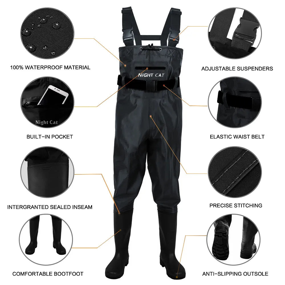 Waterproof Nylon PVC Chest Waders With Boots For Fishing Hunting