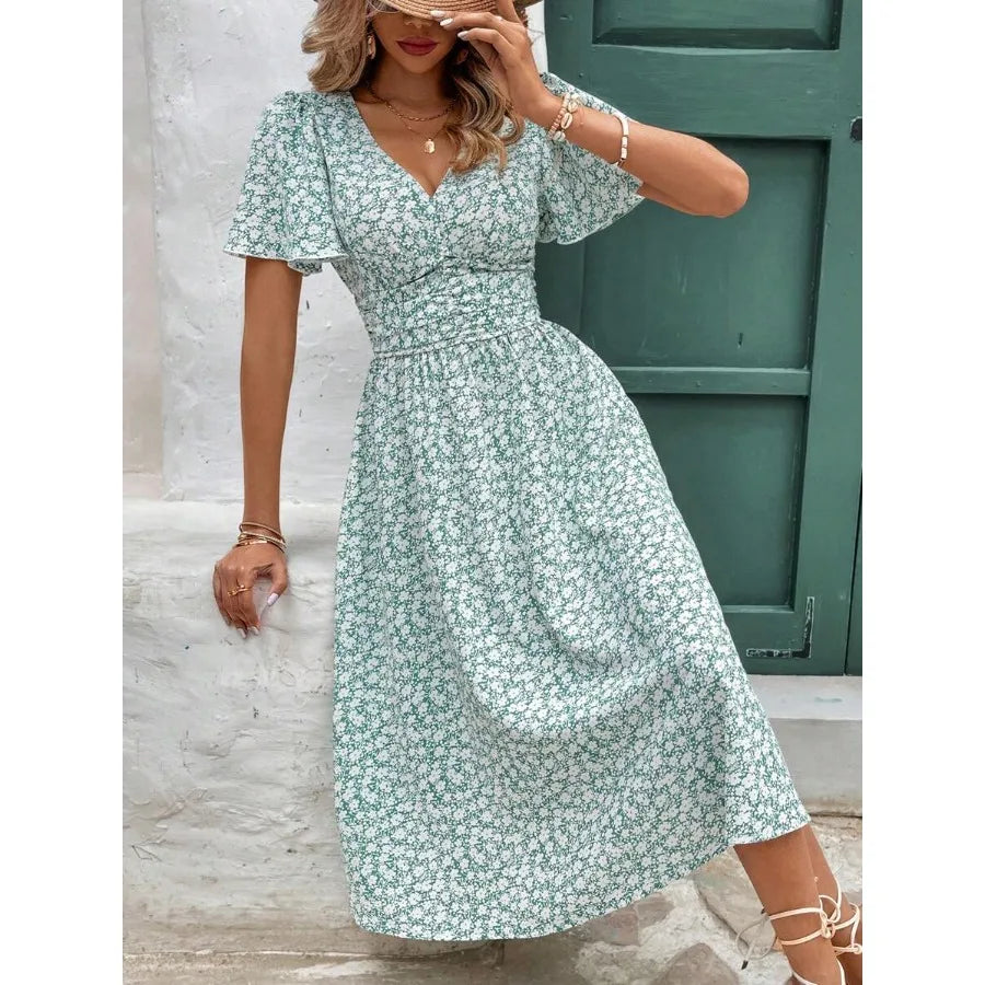 Women's Summer Floral Print V-Neck Ruffle Short Sleeve Long Dress