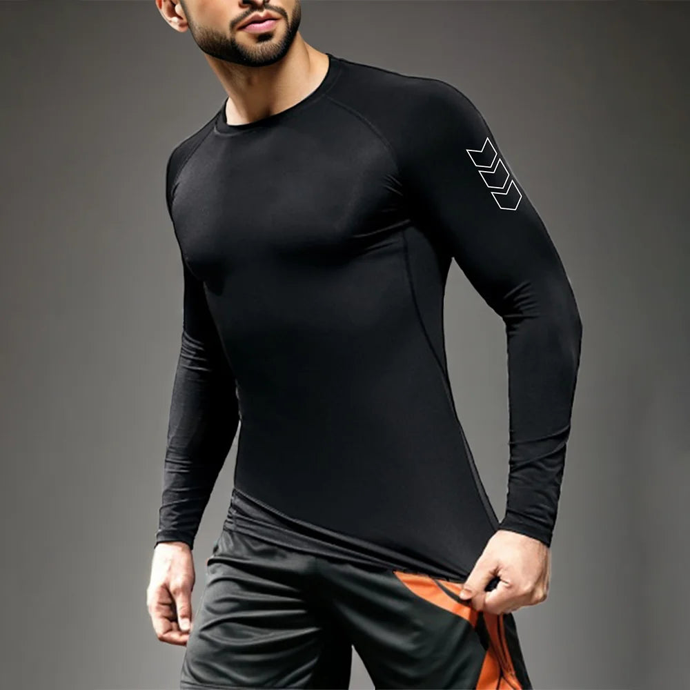Men Black Long Sleeve Compression Quick Dry Fitness Top