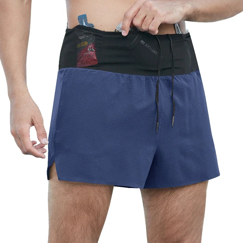 Men Quick Dry Double Layer Sports Shorts With Multi Pockets And Fanny Pack