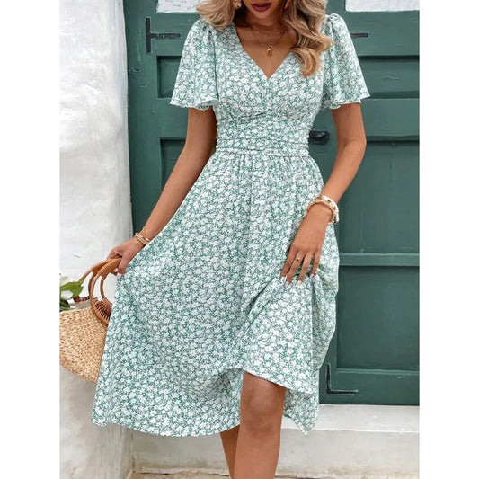 Women's Summer Floral Print V-Neck Ruffle Short Sleeve Long Dress