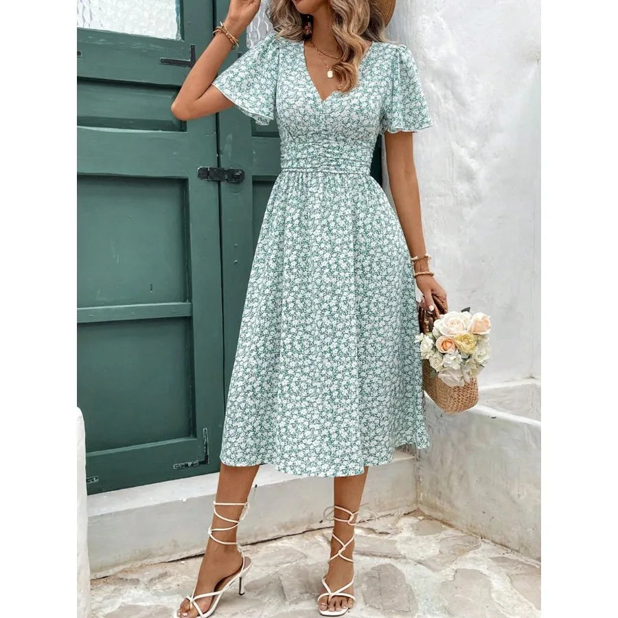 Women's Summer Floral Print V-Neck Ruffle Short Sleeve Long Dress