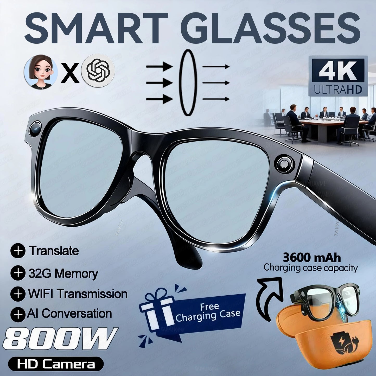 GUHUAVMI Smart AI Glasses 4K Dual Cameras Translation