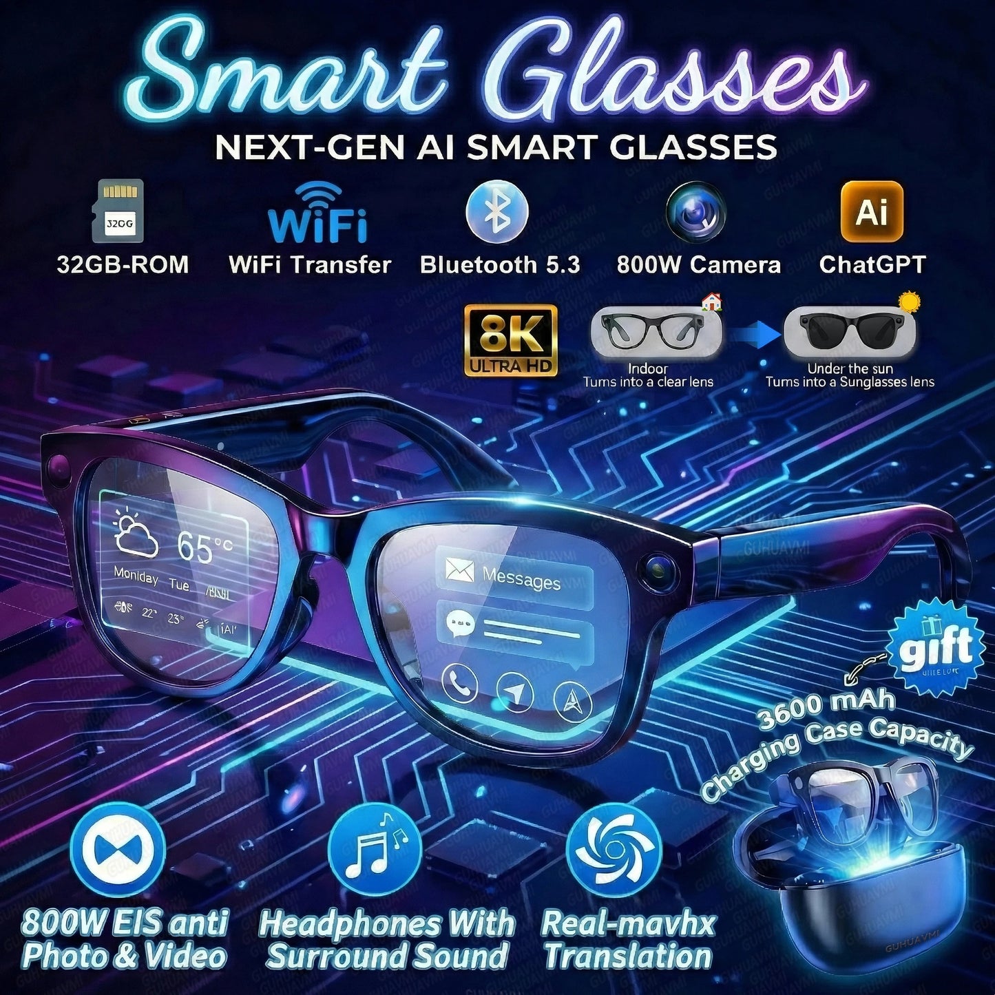 GUHUAVMI Smart AI Glasses 4K Dual Cameras Translation