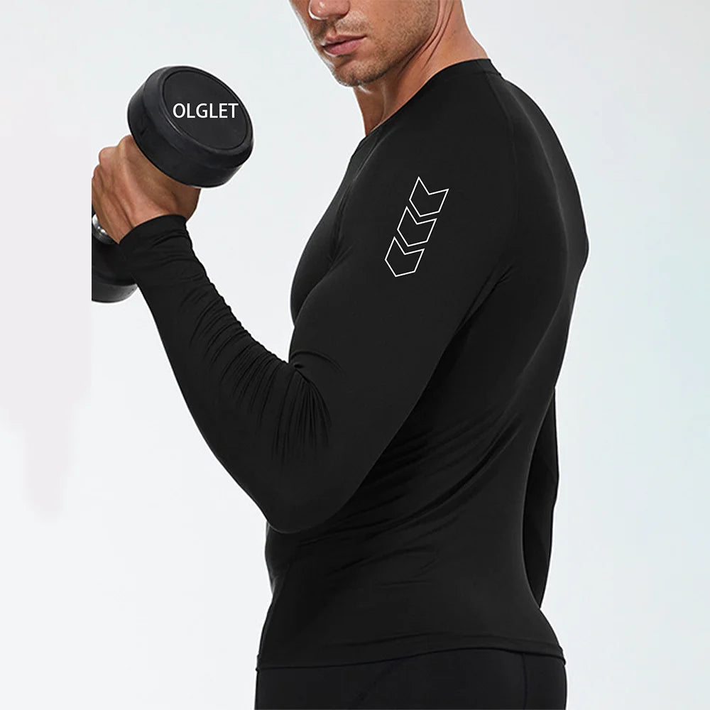 Men Black Long Sleeve Compression Quick Dry Fitness Top