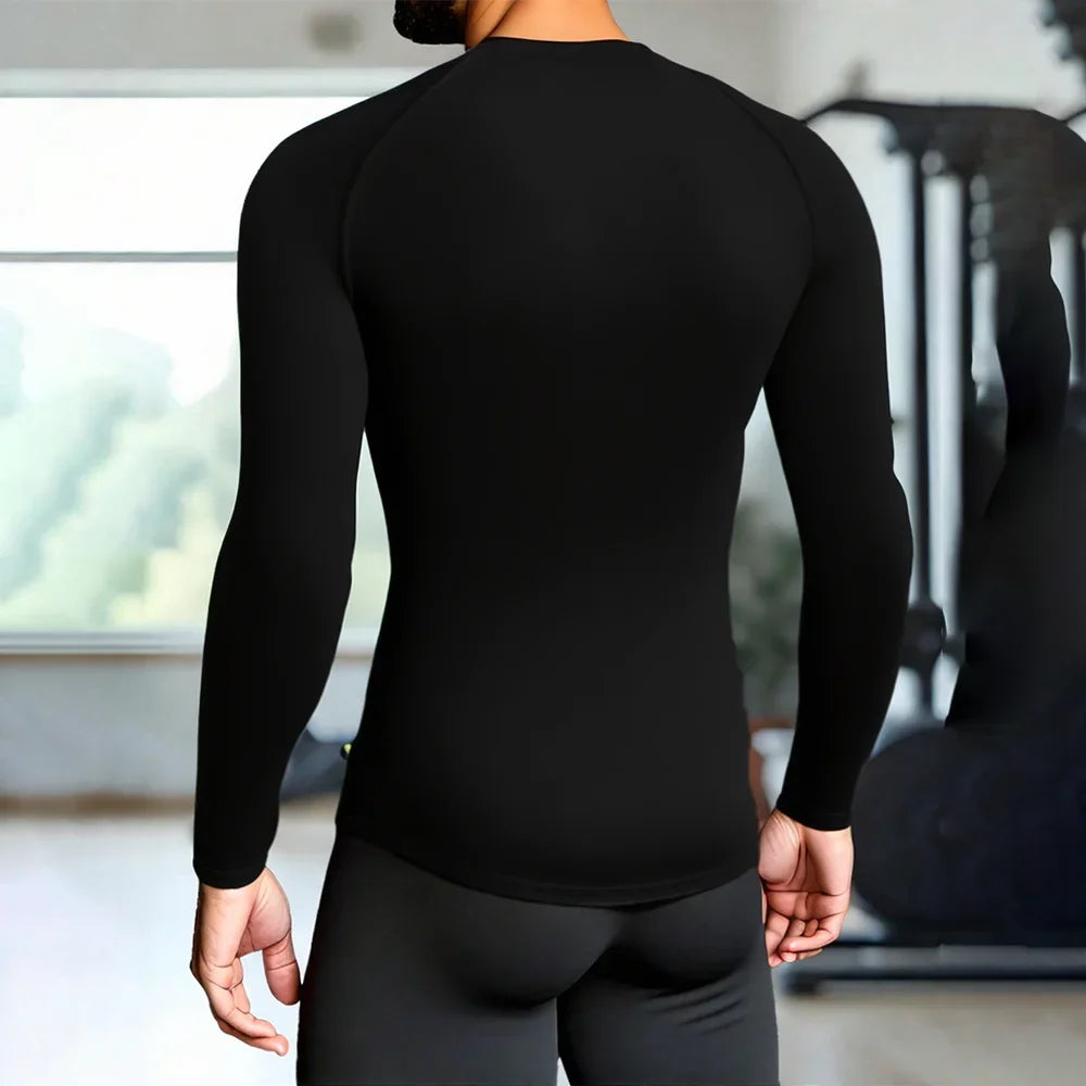 Men Black Long Sleeve Compression Quick Dry Fitness Top