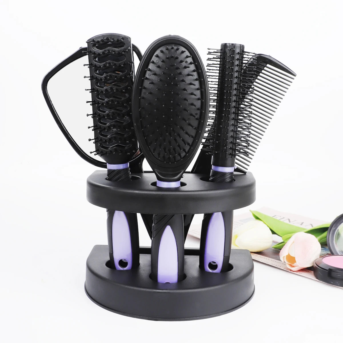RANCAI 5 Pack Comb Set With Mirror Hair Brush Holder Air Cushion