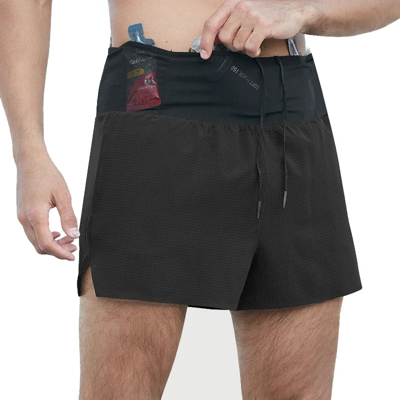 Men Quick Dry Double Layer Sports Shorts With Multi Pockets And Fanny Pack