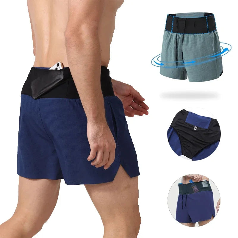 Men Quick Dry Double Layer Sports Shorts With Multi Pockets And Fanny Pack