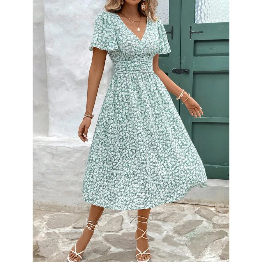 Women's Summer Floral Print V-Neck Ruffle Short Sleeve Long Dress