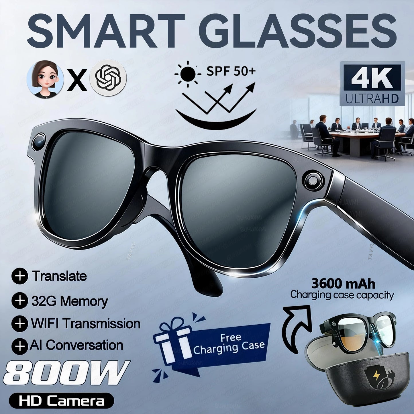 GUHUAVMI Smart AI Glasses 4K Dual Cameras Translation