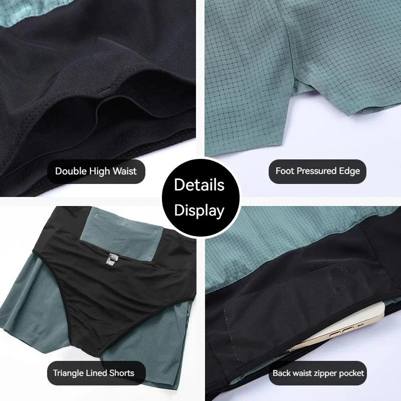 Men Quick Dry Double Layer Sports Shorts With Multi Pockets And Fanny Pack