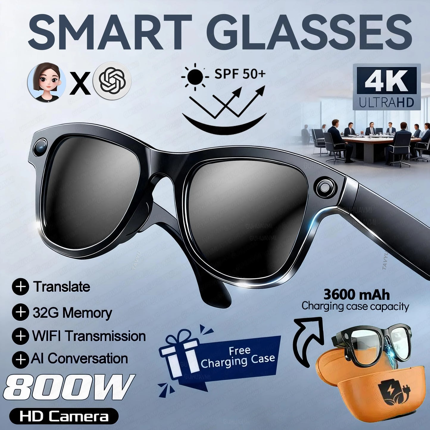 GUHUAVMI Smart AI Glasses 4K Dual Cameras Translation