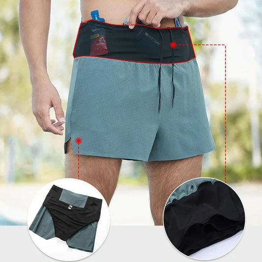 Men Quick Dry Double Layer Sports Shorts With Multi Pockets And Fanny Pack