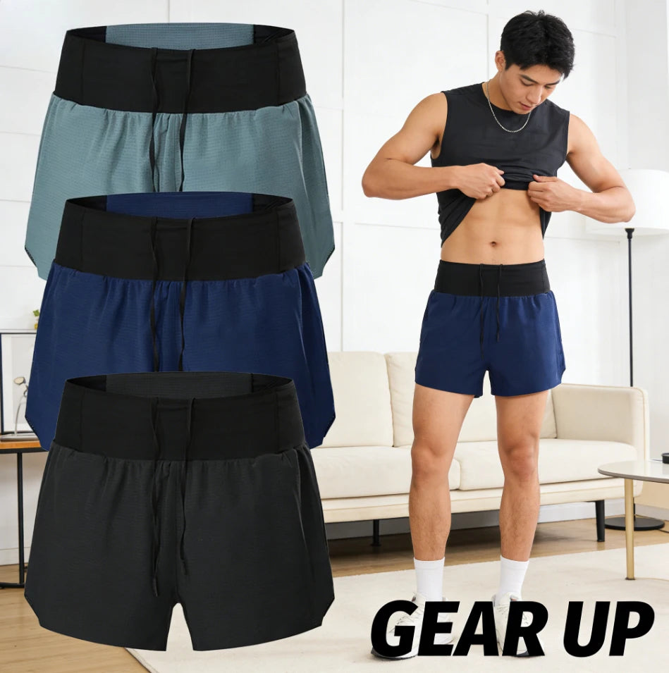 Men Quick Dry Double Layer Sports Shorts With Multi Pockets And Fanny Pack