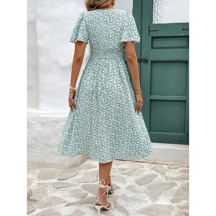 Women's Summer Floral Print V-Neck Ruffle Short Sleeve Long Dress