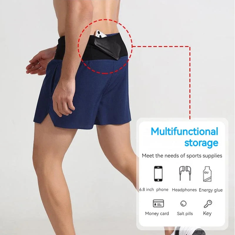 Men Quick Dry Double Layer Sports Shorts With Multi Pockets And Fanny Pack